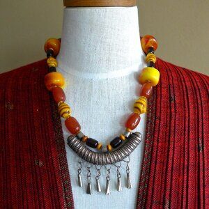 Ethiopian Crescent Pendant Necklace with Vintage Czech Glass Beads & Earrings.